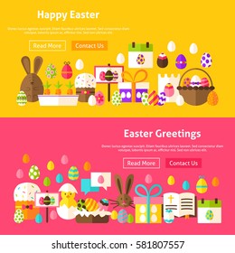 Easter Holiday Website Banners. Vector Illustration for Web Header. Spring Flat Design.