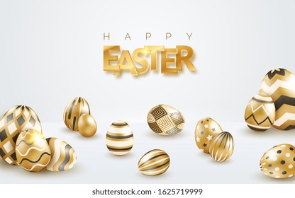 Easter holiday white background with realistic golden decorated eggs and text. Vector poster, flyer, banner on light background