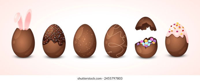 Easter holiday whole and bitten chocolate eggs with different decorations isolated on white background.
