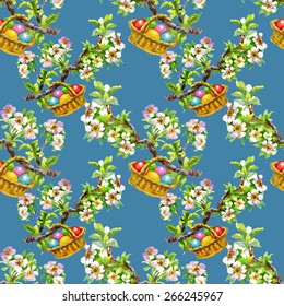 Easter holiday wicker basket filled with colorful eggs watercolor seamless pattern on blue background vector illustration