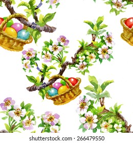 Easter holiday wicker basket filled with colorful eggs seamless pattern on white background vector illustration