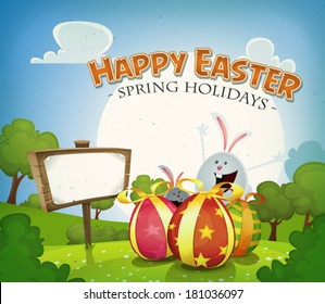 Easter Holidays Background/ Cartoon happy easter holidays background in spring or summer season, with happy rabbits and bunnies bringing chocolate eggs gifts, country landscape and wood sign