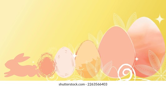 Easter holidays banner jumping rabbits bunny and Easter eggs watercolor style pastel shades pink, yellow and orange. Space for text