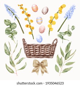 Easter Holidays Basket With Blue And Yellow Flowers, Eggs
