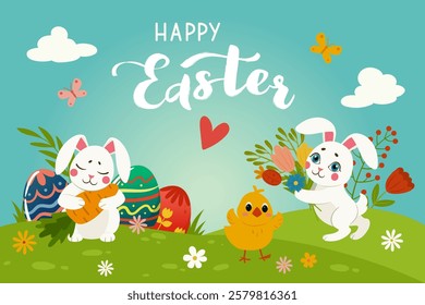 Easter holidays card. Happy Easter colorful poster with Easter bunny and painted eggs flat vector background illustration. Cartoon Easter holidays backdrop