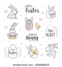 Easter holidays design elements with characters - bunny, chicken, eggs. Can used for greeting cards, posters, banners.  Vector illustration isolated on white background.