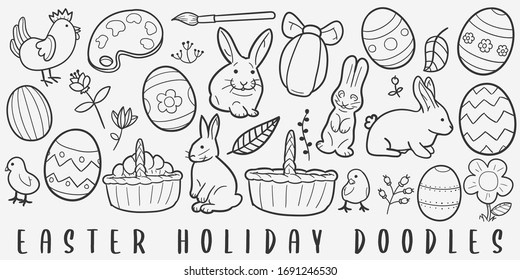 Easter Holidays Doodle Line Art Illustration. Hand Drawn Vector Clip Art. Banner Set Logos.