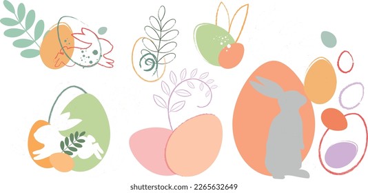  Fiesta de doodles de vacaciones de Semana Santa, huevos de Pascua, conejo, orejas de conejo color agua tonos pastel rosa, azul, amarillo, rojo, blanco.