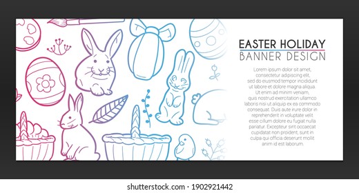 Easter Holidays Doodles Banner. Spring Background Hand drawn. Coloring Eggs Icons illustration. Vector Horizontal Design.