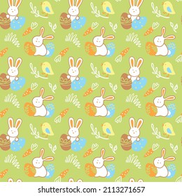 Easter holidays. Rabbits and eggs.  Seamless pattern for fabric, wrapping, textile, wallpaper, apparel. Vector.