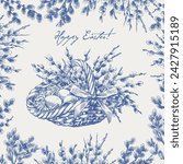 Easter Holidays Wicker basket with branches willows and bow. Holiday composition in frame blossom branch willow. Blue engraving sketch on beige background. Hand drawn illustration for greeting card