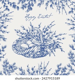 Easter Holidays Wicker basket with branches willows and bow. Holiday composition in frame blossom branch willow. Blue engraving sketch on beige background. Hand drawn illustration for greeting card