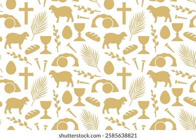 easter, Holy Week golden seamless pattern with palm leaf, holy communion chalice, nails, lamb, egg, catkins and Jesus tomb   - vector illustration
