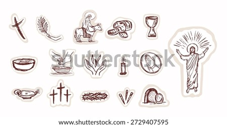 Easter Holy week religious christian easter icon set with bible crosses, Jesus  crown of thorns , crucific catholic symbol set. Hand drawn isolated vector motif illustration for church sticker card