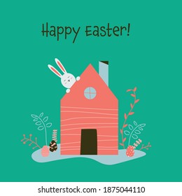 Easter at home concept during lockdown, cartoon flat design style