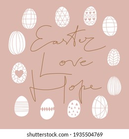 La esperanza de Pascua es el amor por las letras. Juego de recolección de huevos blancos dibujado a mano en la primavera de Semana Santa. Es bueno para tarjetas de felicitación, fondo de pantalla, fondo de pantalla