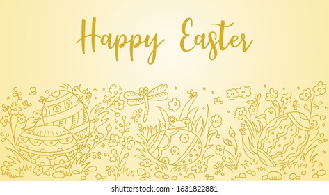 Easter horisontal banner in doodle style with egg and duck, mouse and dragonfly. Hand drawn doodle card. Vector illustration.