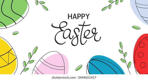 Fondo Horizontal de Pascua con huevos de colores y ramas verdes. Ilustración vectorial plana moderna minimalista. Tarjeta de felicitación, Anuncio, venta, correo, invitación.