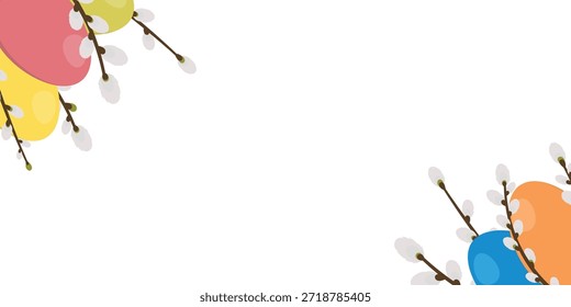 Fundo horizontal da Páscoa com ovos coloridos, galhos de salgueiro e espaço vazio. Modelo para design, decoração, cartão, convite, venda.