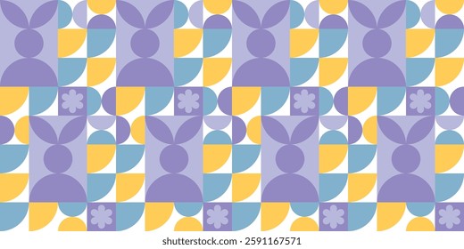 Easter horizontal background in modern geometric style. Seamless pattern with Easter symbols rabbit and eggs for postcard and banner design.