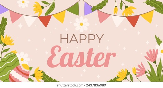 Easter horizontal background template. Design for celebration spring holiday with flowers, painted eggs, bunting garland with colorful flags.