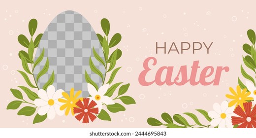 Easter horizontal background template. Design for celebration spring holiday with transparent frame for photo and flowers around.