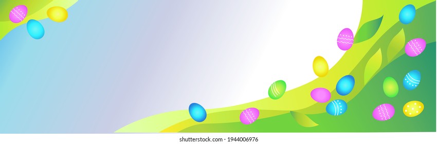 Easter horizontal banner with bright eggs, green abstract lines. A place for your text.