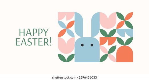 Easter horizontal banner, card or poster template with greeting text and ornament with bunny in geometric style. 