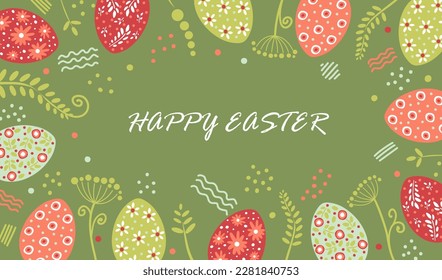 Easter horizontal banner. Colorful Easter eggs, leaves and plants on a green background. Festive frame template, greeting card with place for text. Flat style, vector.