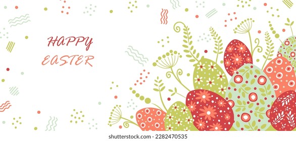 Easter horizontal banner. Colorful Easter eggs, leaves and plants on a white background. Postcard with place for text. Red and green colors. Flat style, vector illustration.
