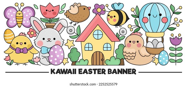 Easter horizontal banner with cute kawaii characters for kids. Vector funny bunny with chick, cottage, flowers, hot air balloon. Cute garden illustration. Funny spring holiday party set for kids

