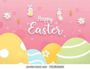 Easter horizontal banner with cute rabbit and colorful Easter eggs paper cut concept. 