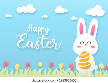 Easter horizontal banner with cute rabbit and colorful Easter eggs paper cut concept. 