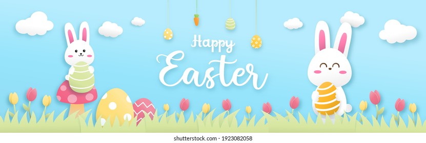 Easter horizontal banner with cute rabbit,colorful Easter eggs and tulips paper cut concept. 