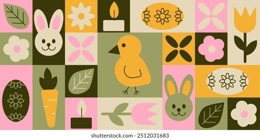 Easter horizontal banner in geometric style with nature elements and flowers. Season holiday items in simple geometric shapes, vector flat style. Good for background, greeting card