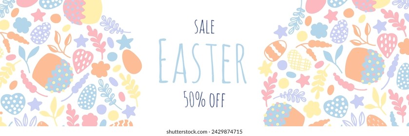 Banner horizontal de Pascua con elementos pastel dibujados a mano. Venta de vacaciones en un cartel.