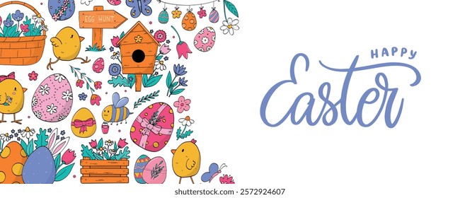 Easter horizontal banner, invitation, social media cover, template, card, poster design with doodles and lettering quote. EPS 10