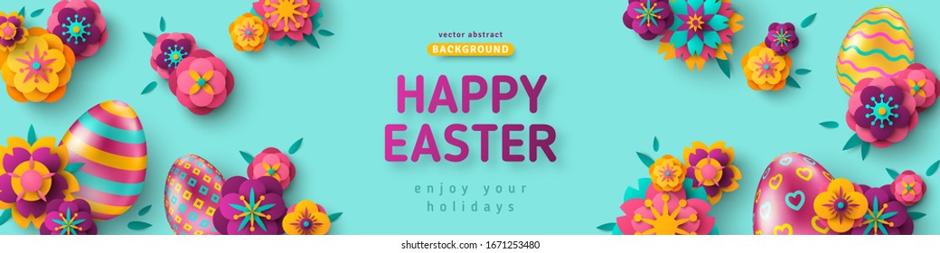 Easter horizontal banner with ornate eggs and paper cut flowers on blue background. Vector illustration. Place for your text. Greeting card trendy design or invitation template