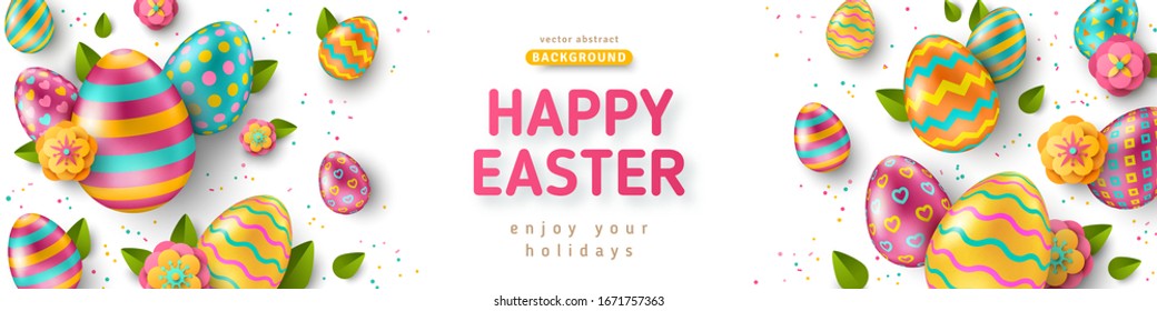 Easter horizontal banner with ornate eggs and green spring leaves on white background. Vector illustration. Place for your text. Greeting card trendy design or invitation template