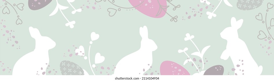 Easter horizontal banner in pastel colours for greeting card or website header. Happy Easter template with three silhouettes of bunnies, hand-drawn flowers,  dots, easter eggs.