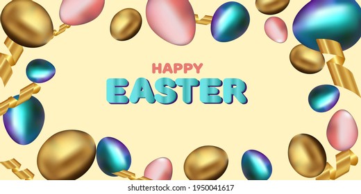 Easter horizontal banner, poster with 3D eggs in blue, gold, pink and gold serpentine. Vector template, advertising festive banner with place for text, congratulations.