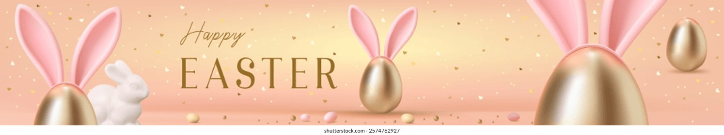 Easter horizontal banner, poster, greeting card, holiday cover, header for website, hunt celebration design. Happy easter eggs banner background card. Template with golden eggs. Eggs and bunny ears