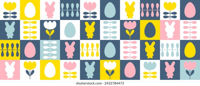 Easter horizontal banner with rabbits, eggs and tulip flowers in geometric style. Perfect print for card, cup, mug. Great spring design for any project.
