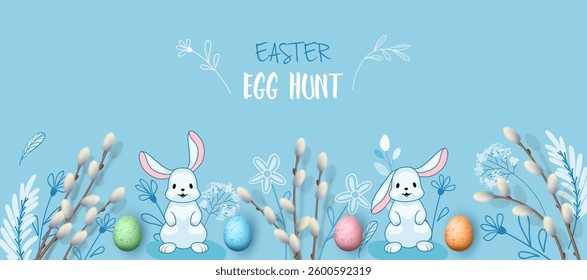 Easter horizontal banner with sitting bunny, eggs, cartoon flowers and blossoming willow branches