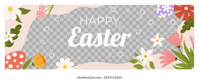 Easter horizontal banner template. Design for celebration spring holiday with transparent frame for photo, painted eggs and flowers around