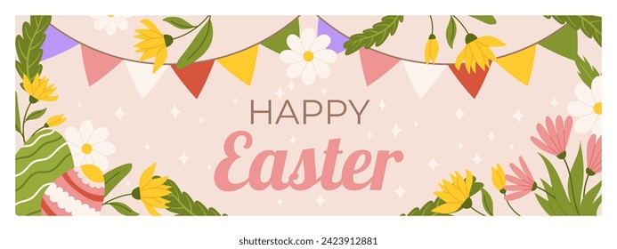 Plantilla de banner horizontal de Pascua. Diseño para celebrar las vacaciones de primavera con flores, huevos pintados, guirnaldas con banderas de colores.