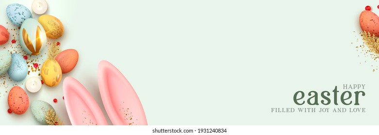 Easter horizontal banner, template header for website. Realistic 3d design elements. Spring holiday. Festive Easter eggs. Pink Bunny ears. View from above. blue background. Vector illustration