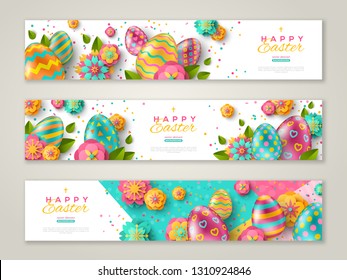 Easter horizontal banners with colorful ornate eggs, flowers and confetti. Vector illustration. Place for your text