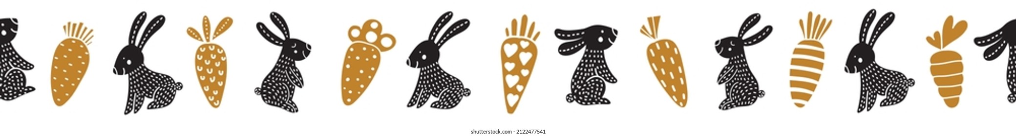 Easter horizontal border with black rabbits and gold carrots.