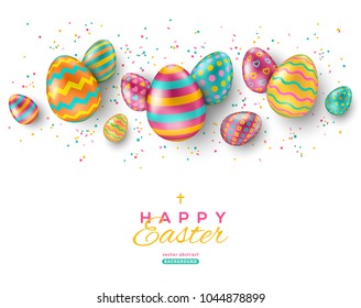Horizontale Ostergrenze mit bunten, orangefarbenen Eiern und Konfetti auf weißem Hintergrund.  Vektorgrafik. Stelle für deinen Text.
